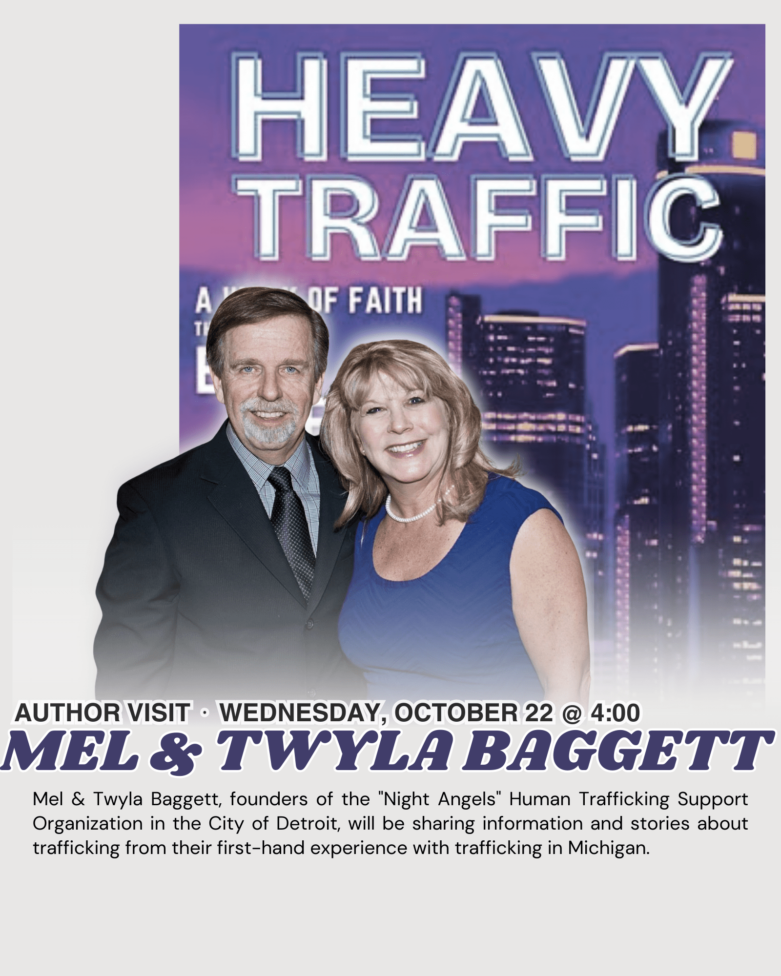 Heavy Traffic was written by two people who dared to notice the crisis of sex trafficking in their community. In this eye-opening and convicting book, Mel and Twyla Baggett share real-life stories